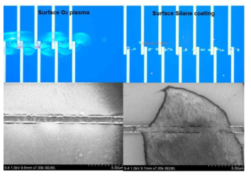 (a) 표면에 친수성 O2 plasma 처리를 한 기판의 광학현미경과 SEM 이미지 (b) 표면에 소수성 Trichloro silane coating한 기판의 광학현미경과 SEM 이미지