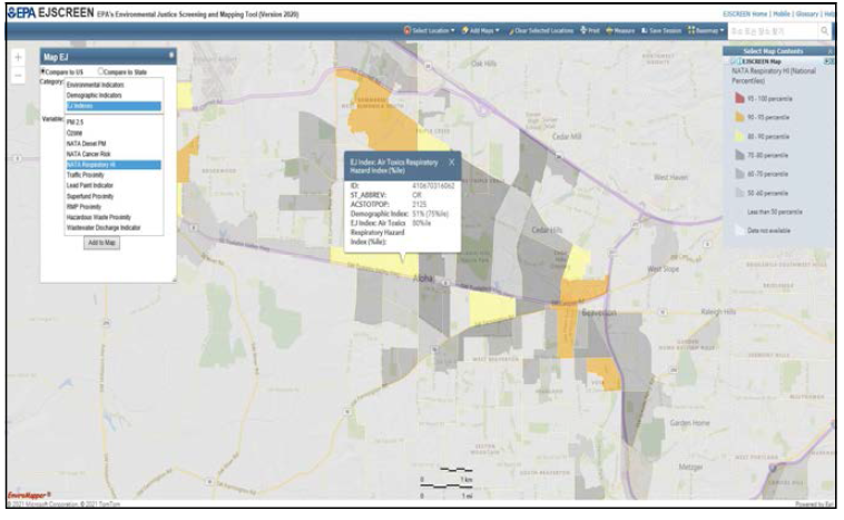 EJ-Screen의 11개 지표 통합한 분석결과(https://EJ SCREEN.epa.gov/mapper/ 캡처)