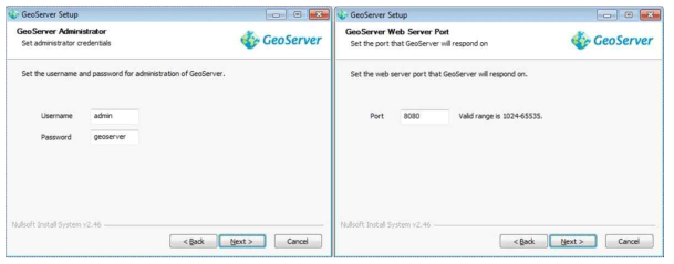 GeoServer 접속계정 및 서비스 포트번호 설정 - GeoServer 프로그램 설치 시 서비스로 등록하였다면 서비스가 자동으로 시작되며, 웹브라우저를 통해 GeoServer의 구동 상태를 확인할 수 있음