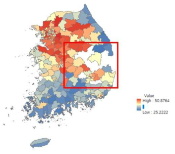 관측소가 존재하지 않기 때문에 시군구 단위의 지도 제작에서 발생할 수 있는 문제를 보여주는 PM10 지도