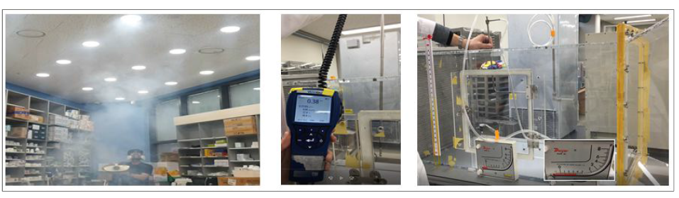 실내공간에서 연무 분사기를 통한 기류 방향 및 dead space 확인(좌), 풍속계를 이용한 기류의 측정(중) 및 다이내믹챔버의 압력측정(우)의 예