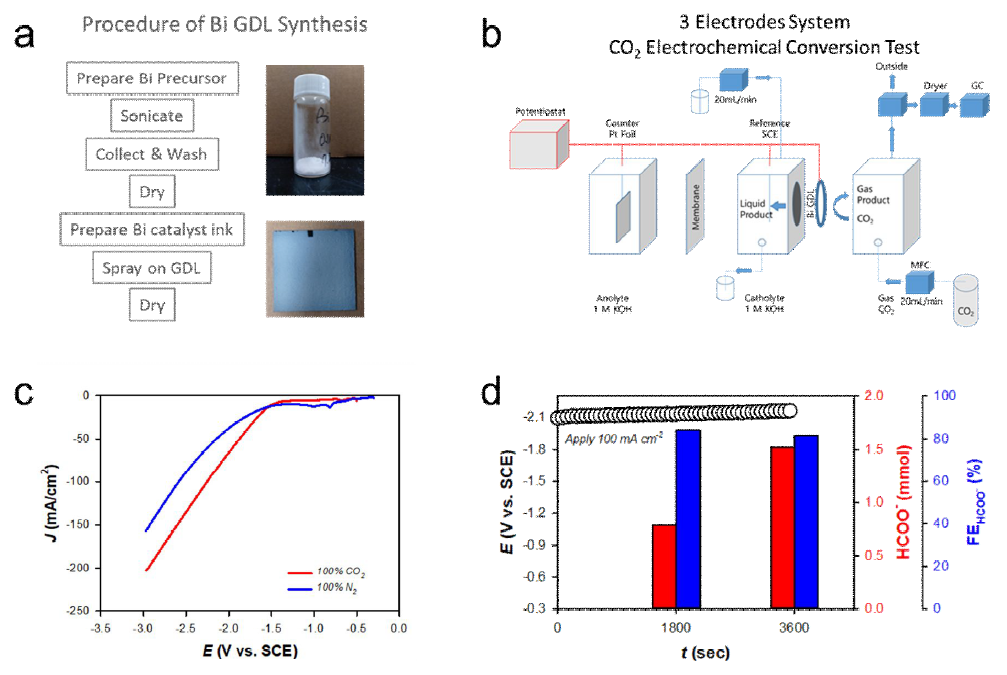 (a) CO2 전환용 Bi 촉매 합성 및 전극 제조, (b) 전기화학적 CO2 전환용 gas-diffusion 반응기 및 on-site 생성물 측정 시스템, (c) LSV를 통한 Bi 촉매의 전기화학적 CO2 환원 성능 평가 (d) 100 mA/cm2 일정 전류 인가 시 시간에 따른 전위 (vs. SCE) (black), 포름산 생성량 (red)및 패러데이 효율 (blue)