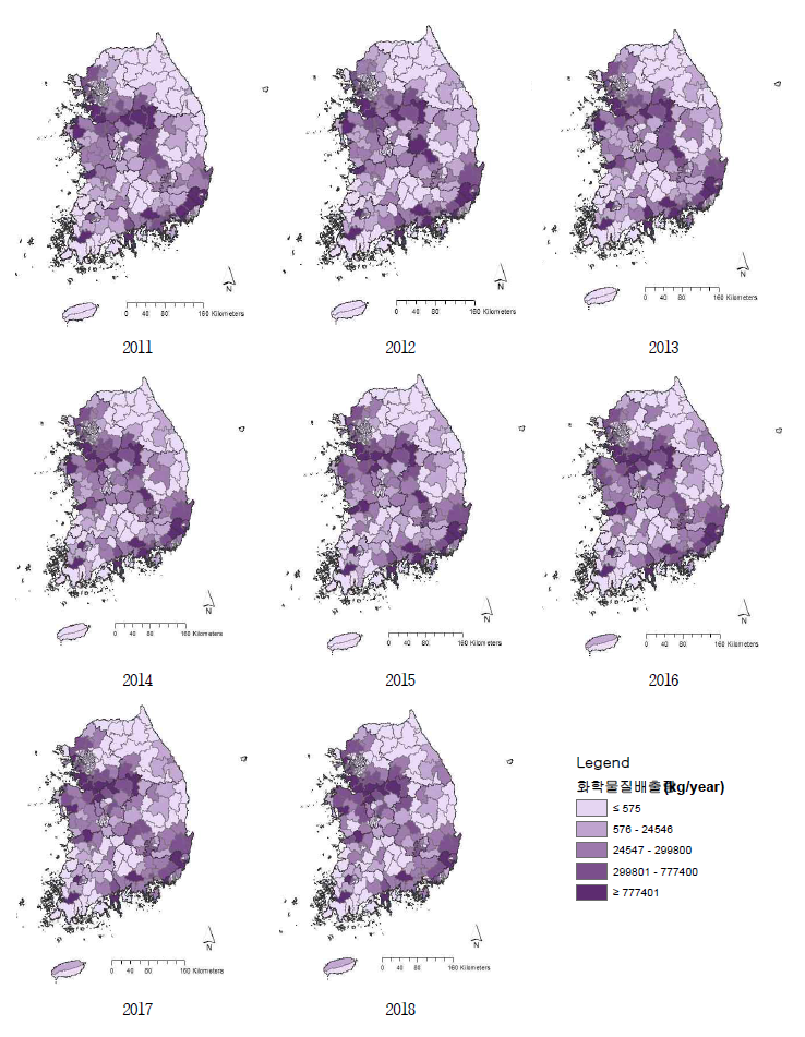 2011~2018년 시군구별 화학물질배출량 분포
