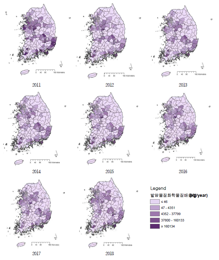 2011~2018년 시군구별 발암화학물질배출량 분포