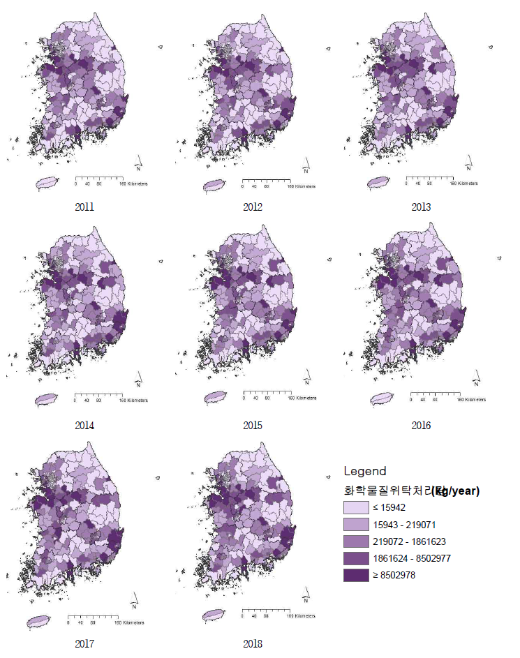 2011~2018년 시군구별 화학물질위탁처리량 분포