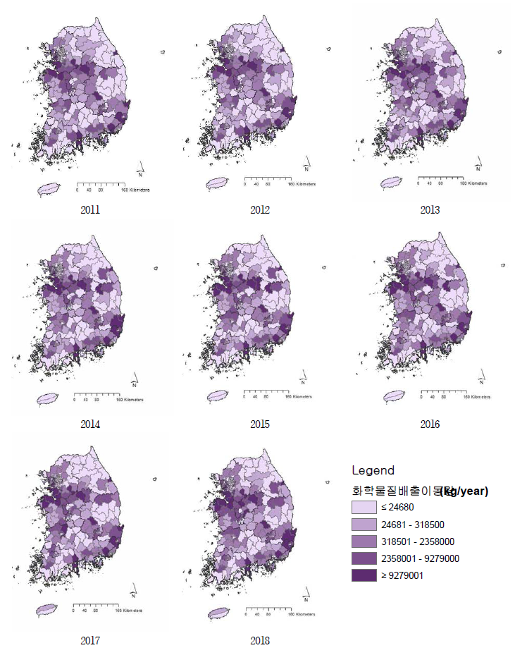 2011~2018년 시군구별 화학물질위탁처리량 분포