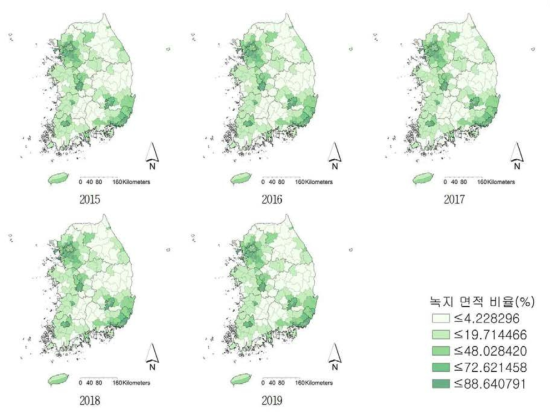 시군구별 시가화/건조지역 면적 비율 분포