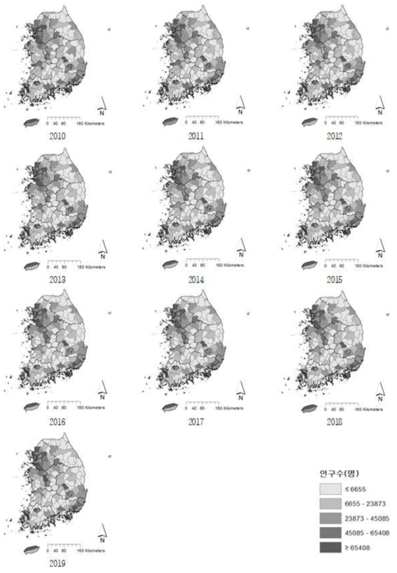 2010~2019년 시군구별 15세 미만의 인구수 분포