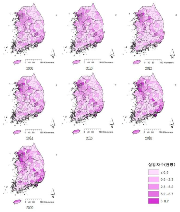 2008~2020년 시군구별 실업자수 분포