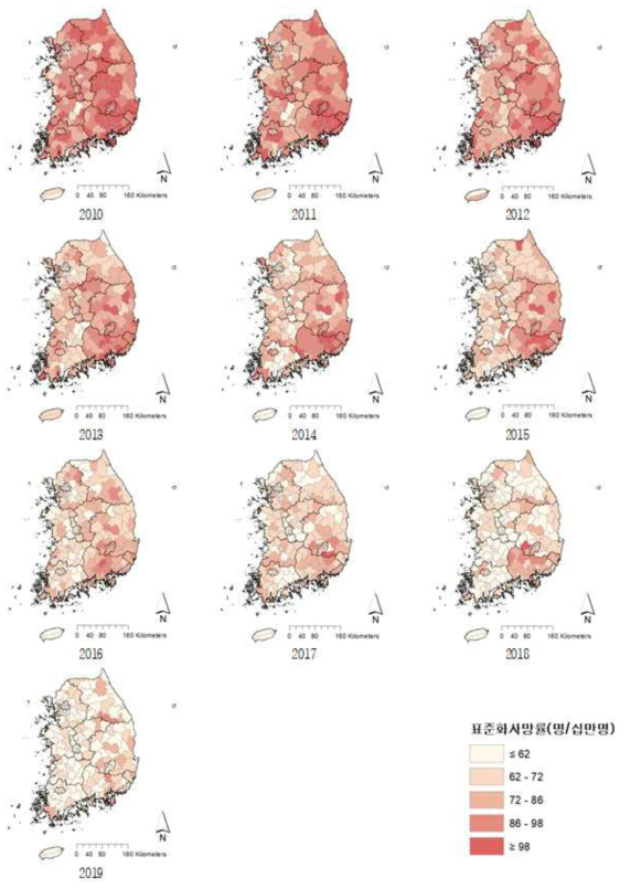 2010~2019년 시군구별 전체 심혈관계 표준화 사망률 분포