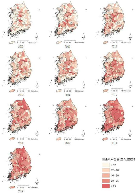 2010~2019년 시군구별 하부호흡기감염 표준화 사망률 분포