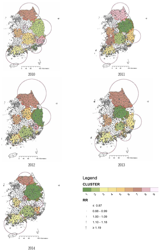 2010~2014년 시군구별 비사고 전체사망 클러스터