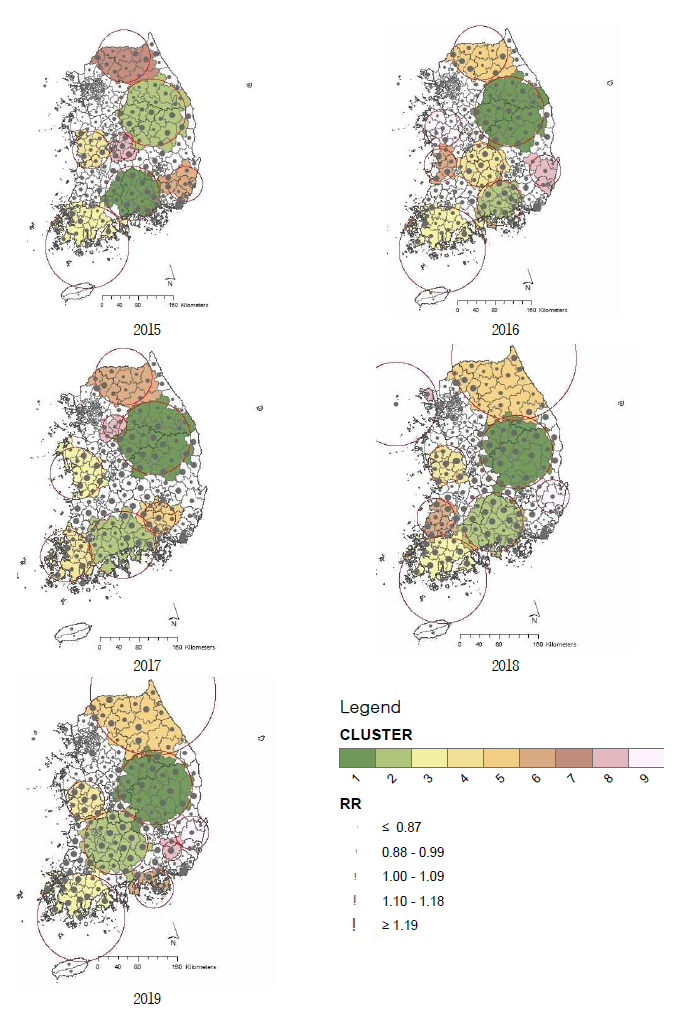2015~2019년 시군구별 비사고 전체사망 클러스터