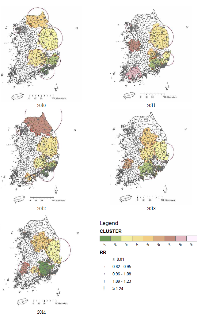 2010~2014년 시군구별 심혈관계 사망 클러스터