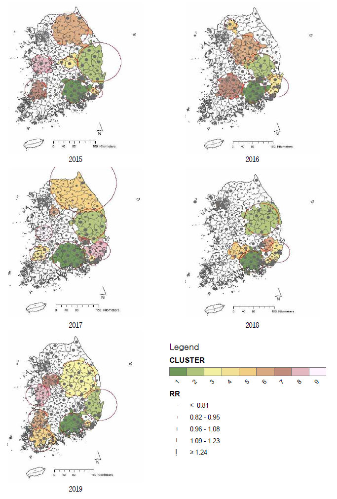 2015~2019년 시군구별 심혈관계 사망 클러스터