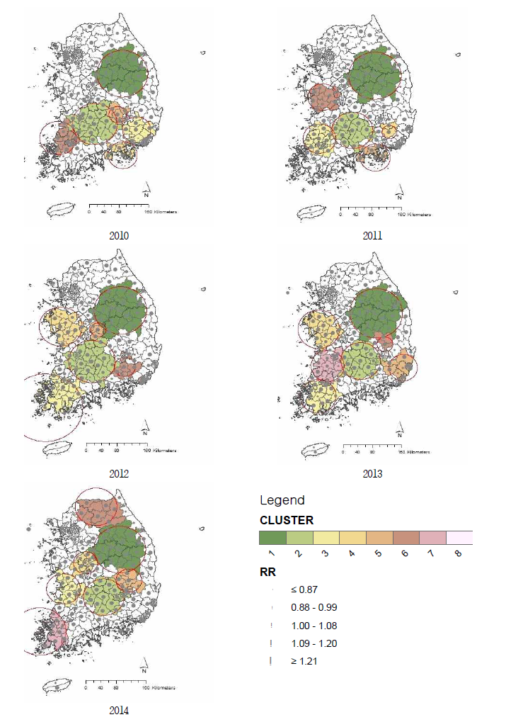 2010~2014년 시군구별 호흡기계 사망 클러스터