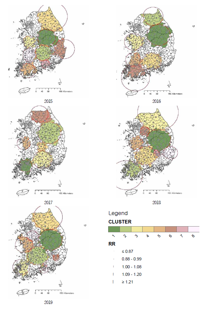 2015~2019년 시군구별 호흡기계 사망 클러스터