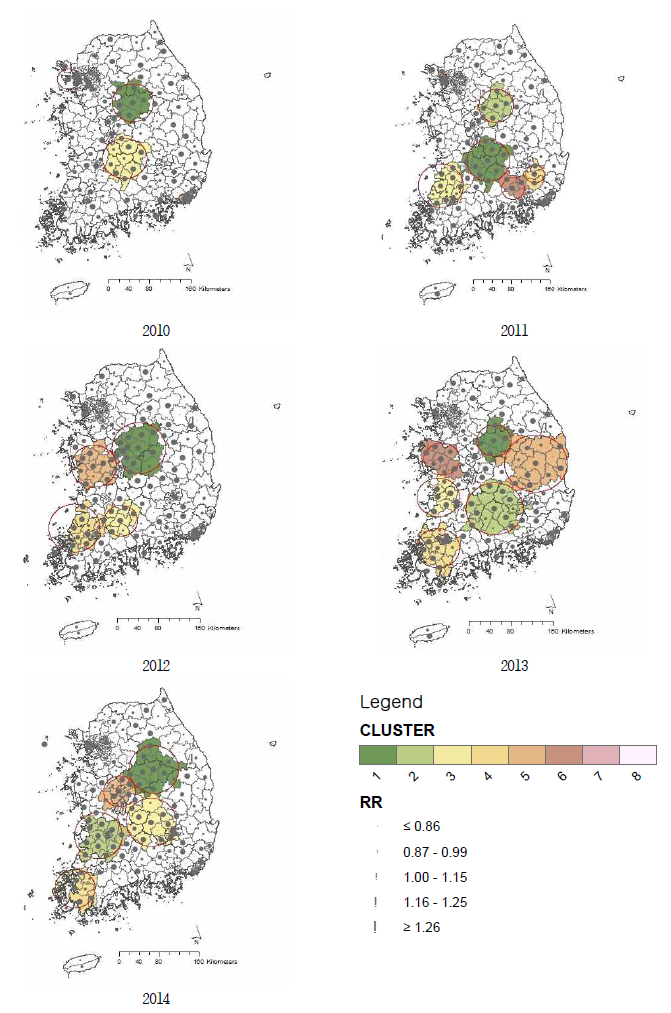2010~2019년 시군구별 하부호흡기계 사망 클러스터