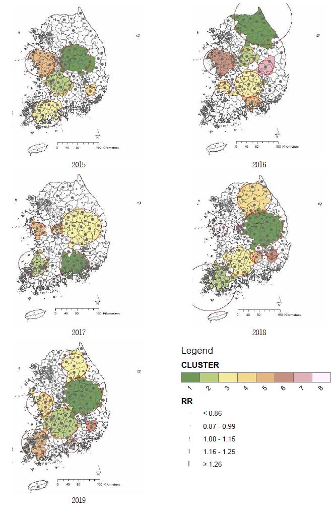 2015~2019년 시군구별 하부호흡기계 사망 클러스터