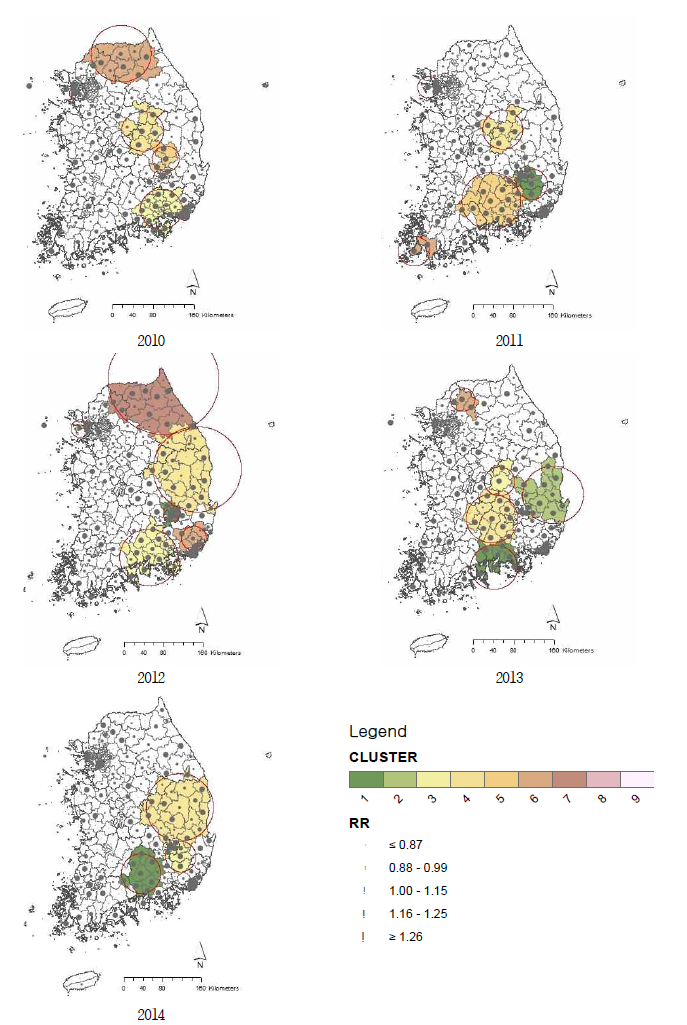 2010~2014년 시군구별 허혈성심장질환 사망 클러스터