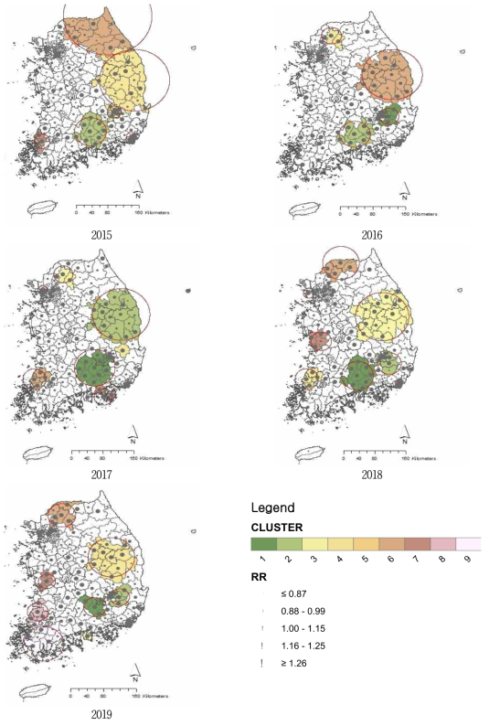 2014~2019년 시군구별 허혈성심장질환 사망 클러스터