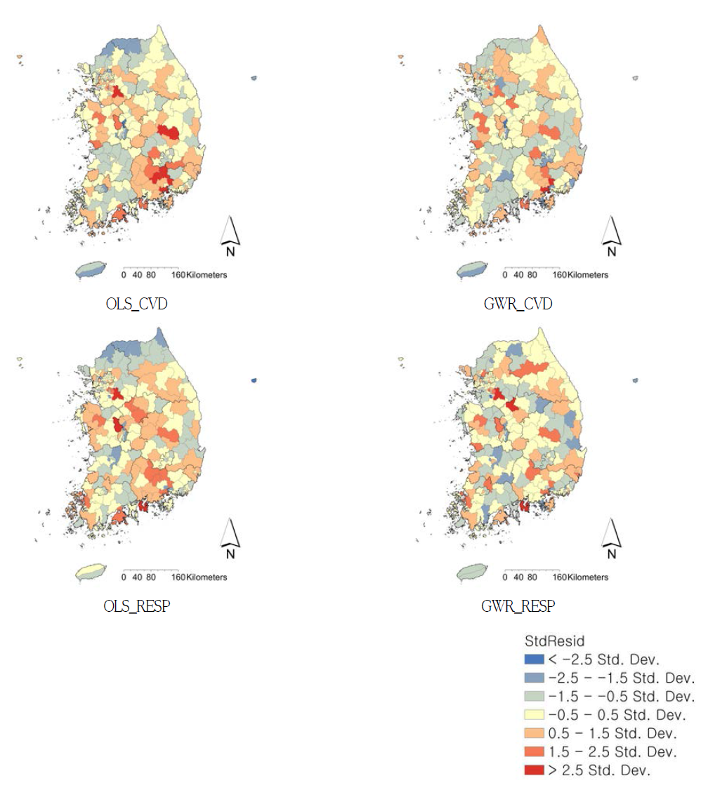 OLS, GWR 표준화 잔차 분포