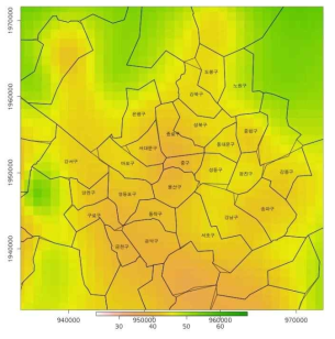 SPDE 방법으로 추정된 2019년 1주 PM2.5 농도 분포(서울지역, 2km*2km grid)