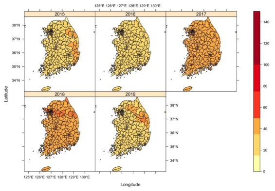 연도별 18주 시군구별 PM2.5 농도