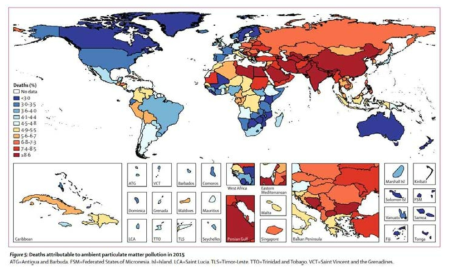 전 세계 지역별 미세먼지 노출로 인한 조기사망자수 분포