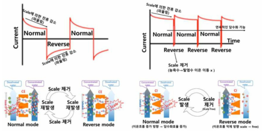 경쟁기술 EDR의 파울링 제거기술(왼쪽), 정류 EDR에 의한 의한 연속적 담수화 비교