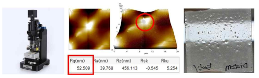 원자간력 현미경 (좌측), AFM 측정 결과 및 샘플 (중앙, 우측)