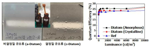 비결정질/결정질 규조류 배합 용액 및 필름 (좌측), 소자 적용 비교 (우측)