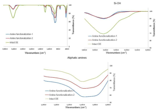 Amine-functionalization 후, DE 표면의 FT-IR 분석