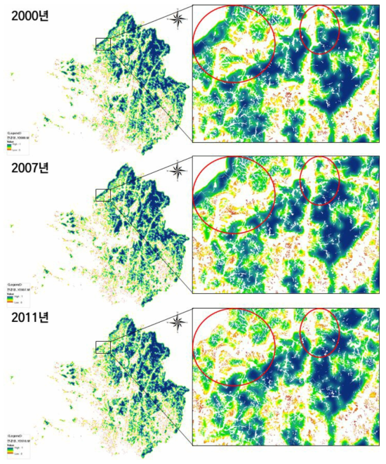 수도권 연결성 분석 결과(2000년, 2007년, 2011년). 확대한 지역은 연결성 변화가 뚜렷하게 나타난 곳이며, 해당 지역은 연결성 높았던 산림지역(초록색)이 시간의 흐름에 따라 점차 연결성 지수가 낮은 지역(노란색)으로 변화되는 것이 확인됨