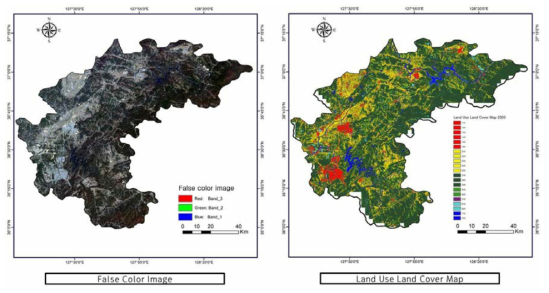 시각적 해석 및 비교검증: False Color Image(왼), Land Use Land Cover Map(오)