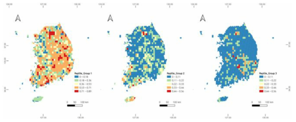 파충류의 기능적 그룹별 풍부도. 7’30” × 7’30”격자 내 존재하는 파충류의 기능적 그룹별 풍부도를 5단계로 나눠 표현하였음