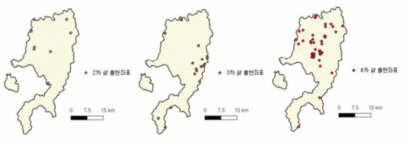 완주 지역 내 전국자연환경조사 2차 (97-02년), 3차 (06-13년), 4차 (14-18년) 삵 분포