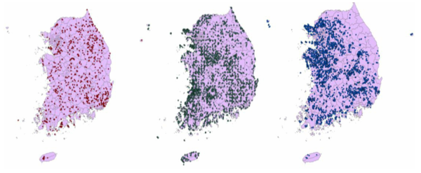 황조롱이의 출현지점을 바탕으로 구성한 황조롱이의 전국 출현 분포도 : 2차 전국자연환경조사 (좌), 3차 전국자연경환경조사 (중), 4차 전국자연환경조사 (우)