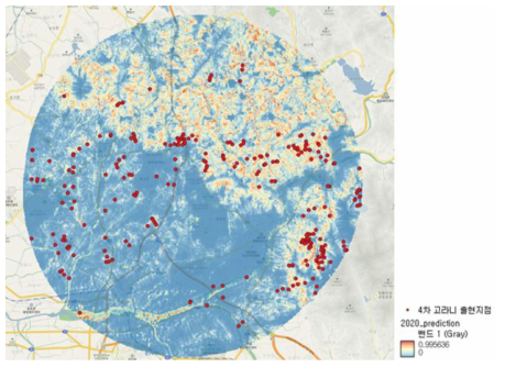MaxEnt를 이용하여 사업 후(2020년)의 고라니 출현 예상 지점과 사업 후 실제 고라니 출현지점(4차 전국자연환경조사)을 비교한 결과