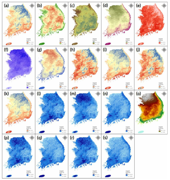 제작된 생물기후변수 (a)연평균온도(Annual Mean Temperature). (b)평균 일교차(Mean Diurnal Range). (c)등온성(Isothermality). (d)온도 계절성(Temperature Seasonality). (e)최난월 최고온도(Max Temperature of Warmest Month). (f)최한월 최저기온(Min Temperature of Coldest Month). (g)연간 온도범위(Temperature Annual Range). (h)최습사분기 평균온도(Mean Temperature of Wettest Quarter). (i)최건사분기 평균온도(Mean Temperature of Driest Quarter). (j)최난사분기 평균온도(Mean Temperature of Warmest Quarter). (k)최한사분기 평균온도(Mean Temperature of Coldest Quarter). (l)연강수량(Annual Precipitation). (m)최습월 강수량(Precipitation of Wettest Month). (n)최건월 강수량(Precipitation of Driest Month). (o)강수량 계절성(Precipitation Seasonality). (p)최습사분기 강수량(Precipitation of Wettest Quarter). (q)최건사분기 강수량(Precipitation of Driest Quarter). (r)최난사분기 강수량 (Precipitation of Warmest Quarter). (s)최한사분기 평균온도(Precipitation of Coldest Quarter)