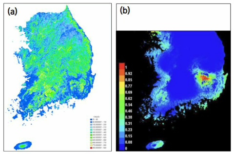솔붓꽃 확률분포지도 비교 (a)모델링 결과. (b)국립공원 결과(국립공원, 2019). (a)는 본 연구에서 진행된 결과로서 솔붓꽃에 대한 확률분포지도를 작성한 것으로 해당 결과를 국립공원에서 작성한 솔붓꽃의 확률분포지도와 비교하여 나타내었음. 정확한 비교를 위하여 연구 진행 결과의 확률분포 지도를 국립공원의 확률분포지도 범례와 통일하여 나타냄