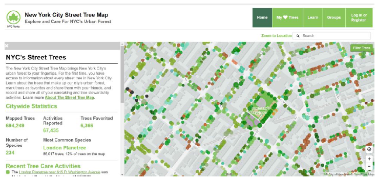 뉴욕시의 가로수 관리 플랫폼에서 제공하는 GIS 정보 (출처:https://tree-map.nycgovparks.org/)