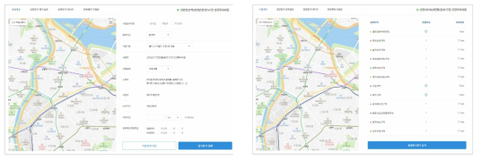 사업기본정보 입력 및 규제지역과의 거리 분석 예시화면
