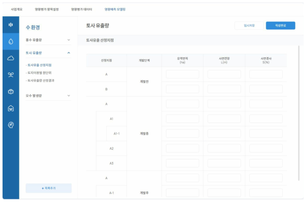 영향평가 데이터 – 토사유출 산정지점 화면