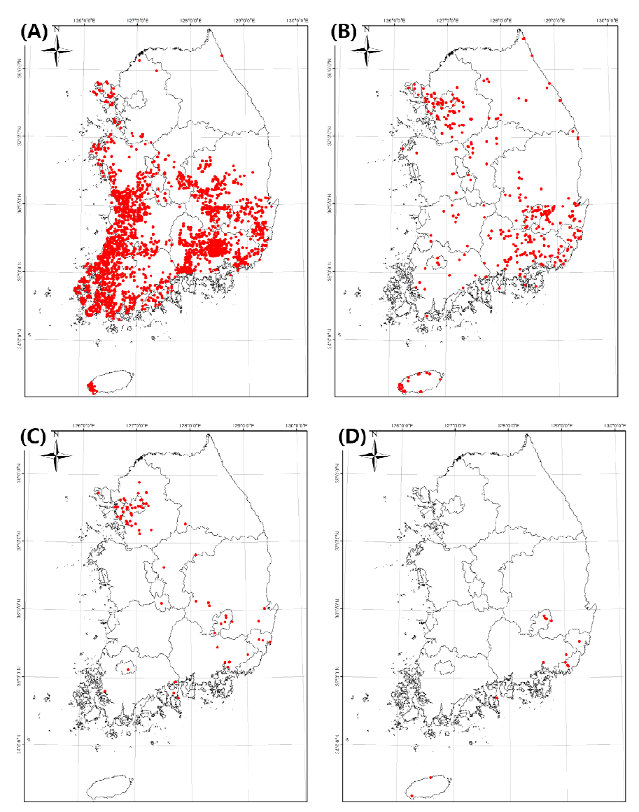 생태계교란 생물의 국내 분포 지도. (A) 황소개구리, (B) 붉은귀거북, (C) 리버쿠터, (D) 중국줄무늬목거북