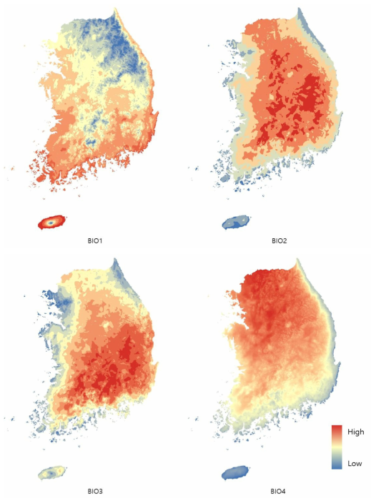 Worldclim에서 제공받은 version 1.4 Current 생물기후변수 (BIO1-BIO19) 상대적인 수치 지도