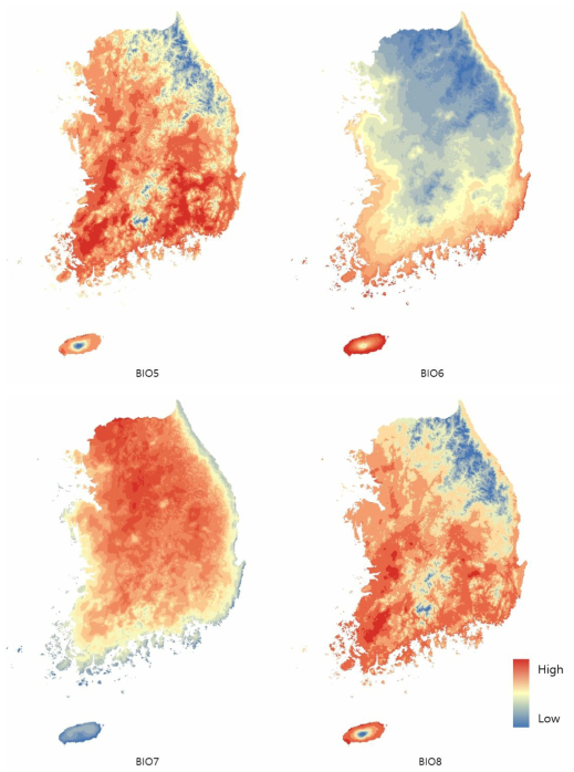 Worldclim에서 제공받은 version 1.4 Current 생물기후변수 (BIO1-BIO19) 상대적인 수치 지도(계속)