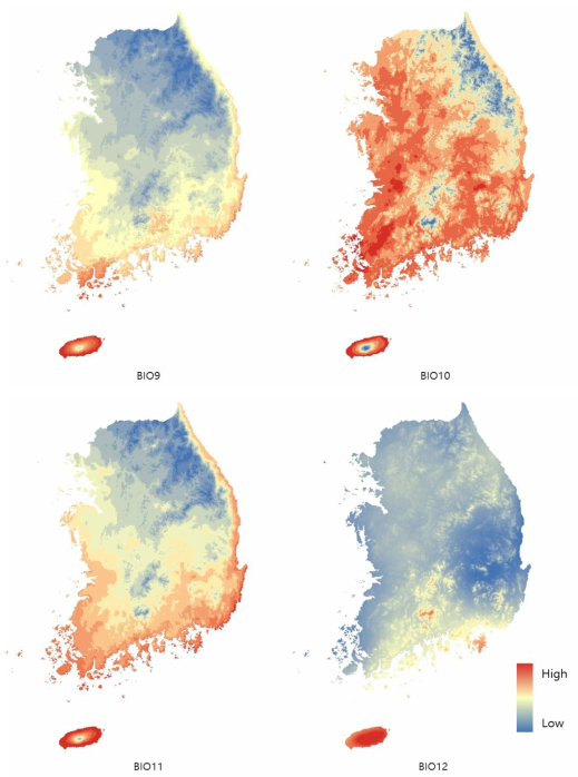 Worldclim에서 제공받은 version 1.4 Current 생물기후변수 (BIO1-BIO19) 상대적인 수치 지도(계속)