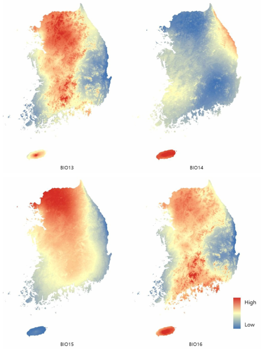 Worldclim에서 제공받은 version 1.4 Current 생물기후변수 (BIO1-BIO19) 상대적인 수치 지도(계속)