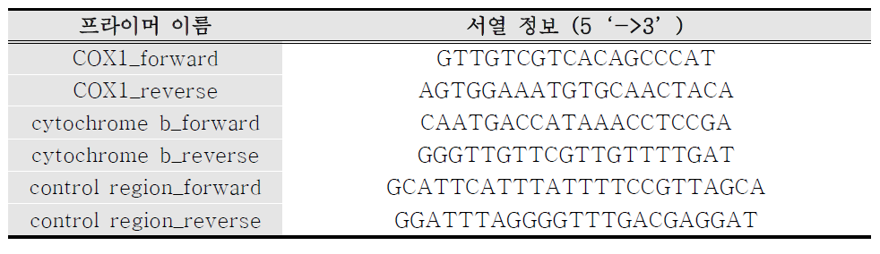 유전자 증폭을 위해 사용한 프라이머 목록